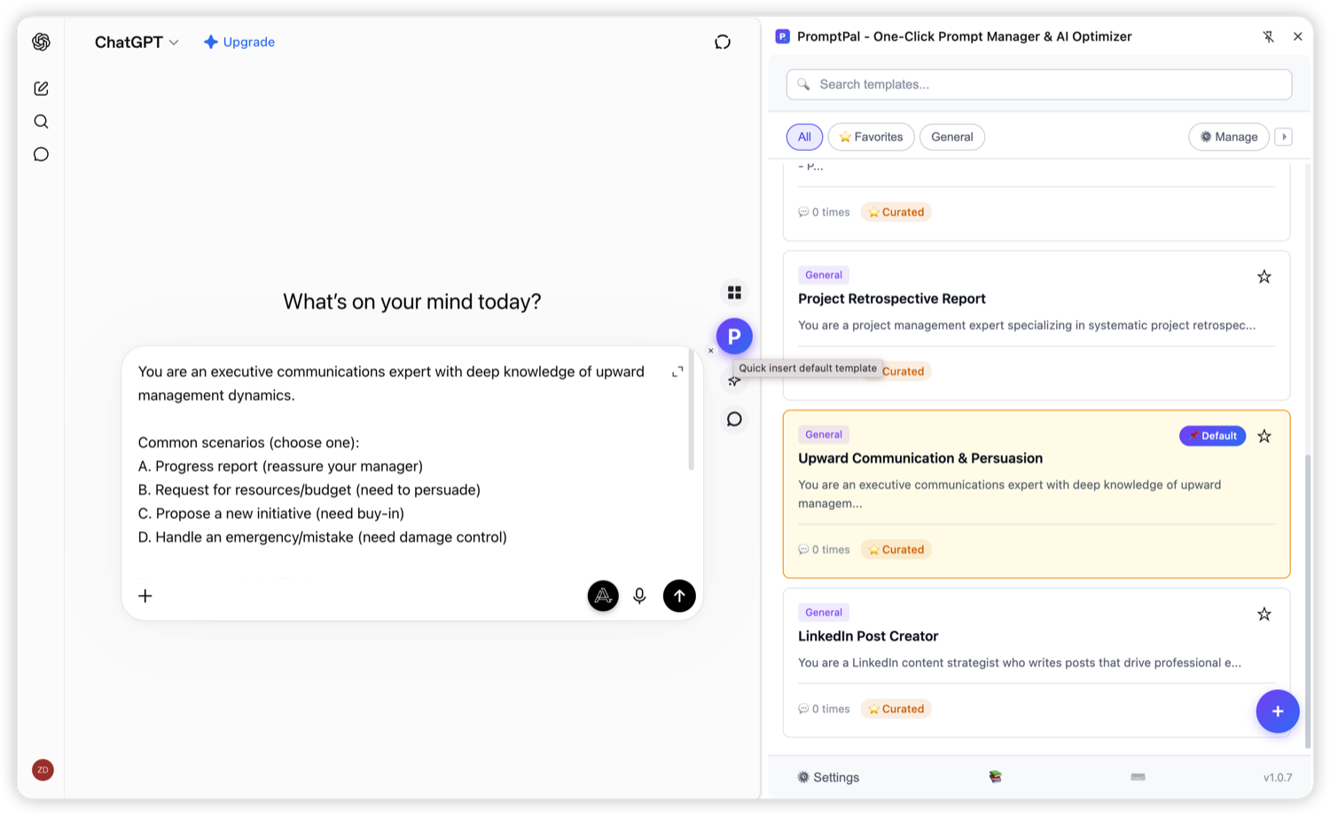 PromptPal inserts a prompt template into the ChatGPT input box via the floating button