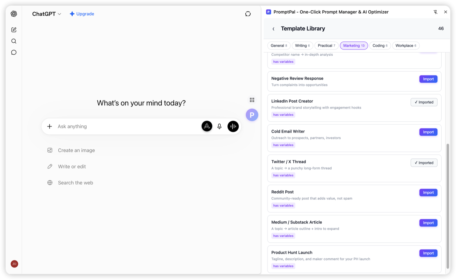 PromptPal curated template library: browse 40+ hand-picked templates by category
