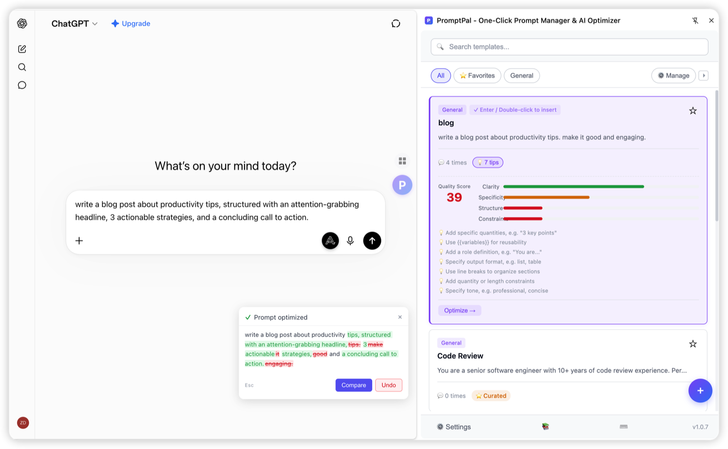 PromptPal AI optimization: a vague prompt is rewritten into a structured, specific version